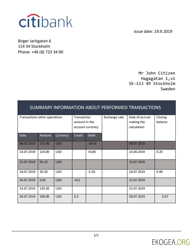 Modèle de relevé de la Suède Citibank facile à remplir au format .doc et .pdf, entièrement modifiable